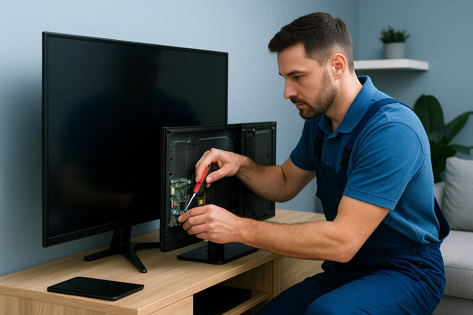 Technician repairing electronics on site in a modern home